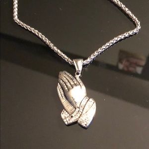 Silver prayer hands necklace